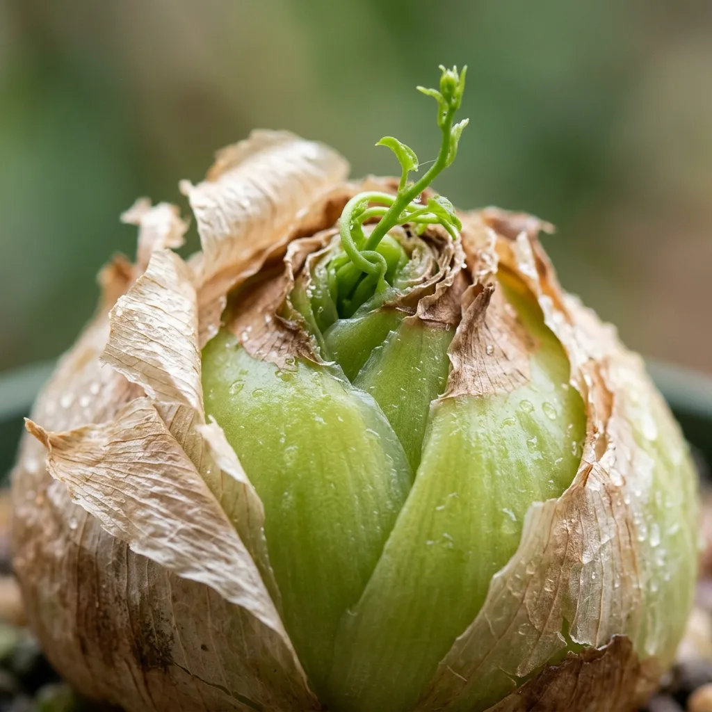 Kletterzwiebel (Bowiea volubilis) Pflegeanleitung: Zwiebelphysiologie, Klettertriebe und Ruhephase - Botanisches Detail und Blattmorphologie