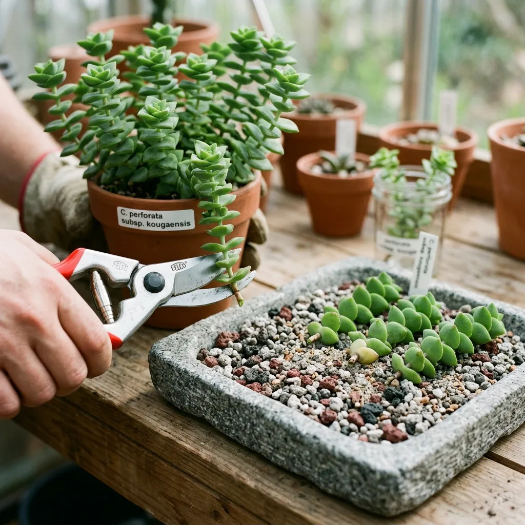Gereihte Dickblatt-Sukkulente (Crassula perforata subsp. kougaensis) Pflegeanleitung: Botanische Geheimnisse und Vermehrung - Pflege und Vermehrung