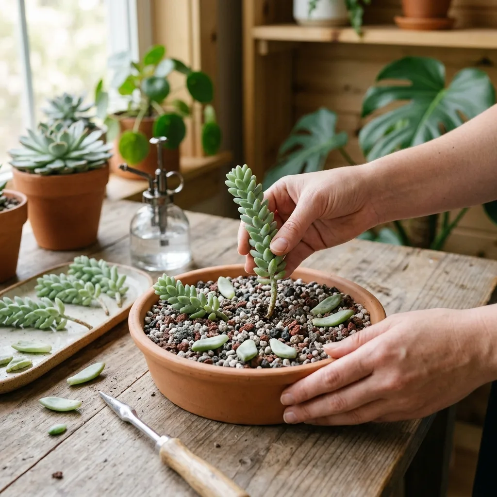 Eşek Kuyruğu Sukulenti (Sedum morganianum) Bakım Rehberi: Dökülen Yapraklar ve Dolgun Sürgünler - Saksılama ve Çoğaltma Aşaması
