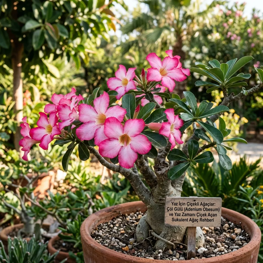 Yaz İçin Çiçekli Ağaçlar: Çöl Gülü (Adenium Obesum) ve Yaz Zamanı Çiçek Açan Sukulent Ağaç Rehberi - Botanik Detay ve Yaprak Dokusu